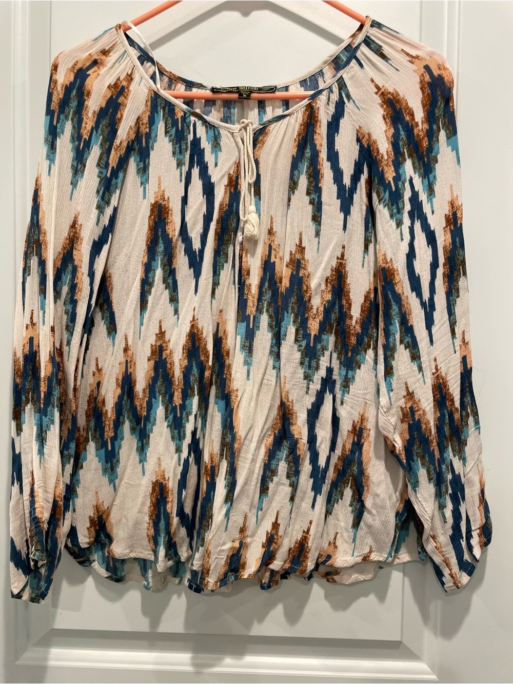 Love Stitch Ikat-Print Peasant Top in Cream, Blue & Brown